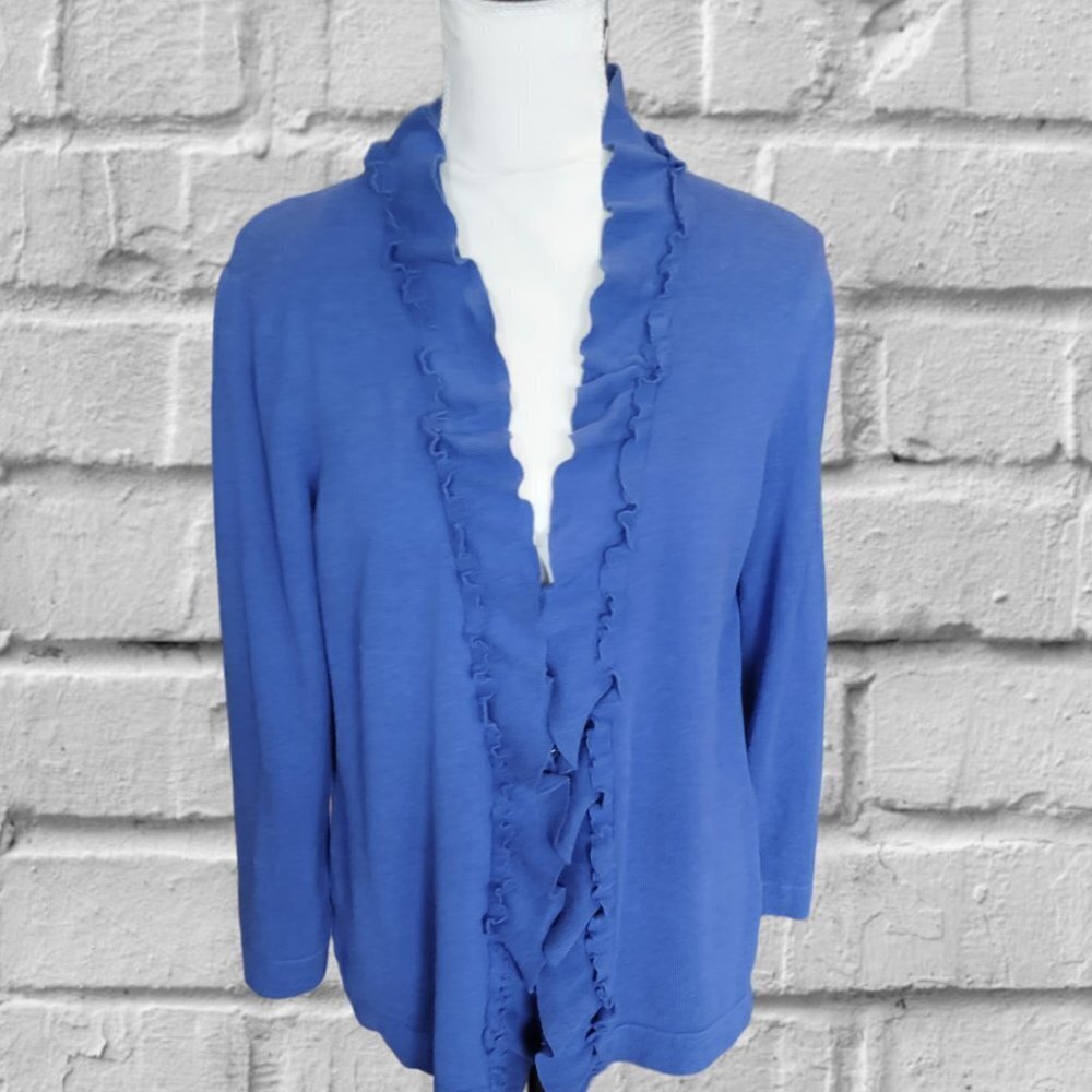Jones Wear Royal Blue V Neck Ruffled Long Sleeve Cardigan Sweater in‎ Size M